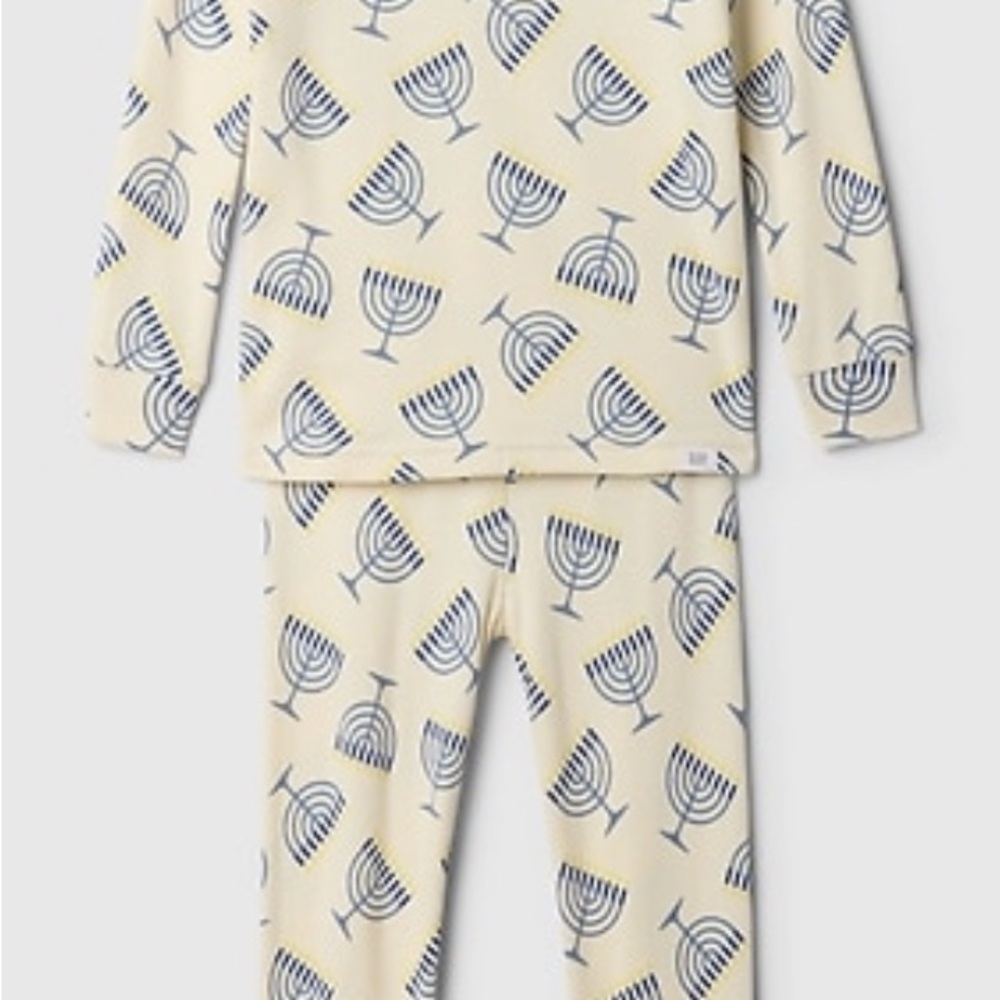 Baby GAP festive Hanukkah pajamas with Cream and Blue Menorah Pattern. Size 0-3M